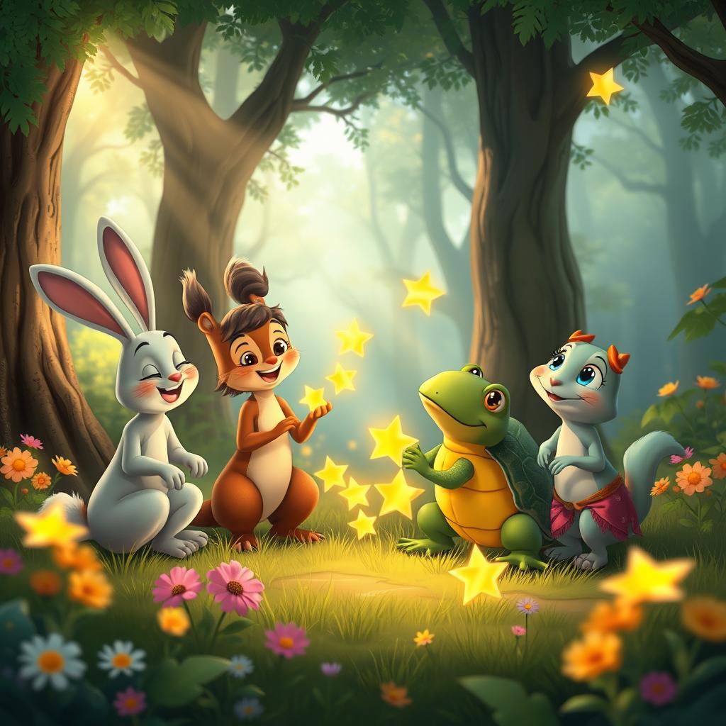 A heartwarming scene in a lush, enchanting forest where a diverse group of woodland friends are celebrating their accomplishments together