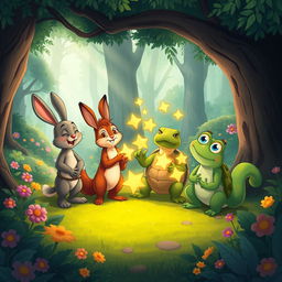 A heartwarming scene in a lush, enchanting forest where a diverse group of woodland friends are celebrating their accomplishments together