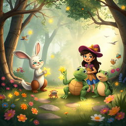 A heartwarming scene in a lush, enchanting forest where a diverse group of woodland friends are celebrating their accomplishments together