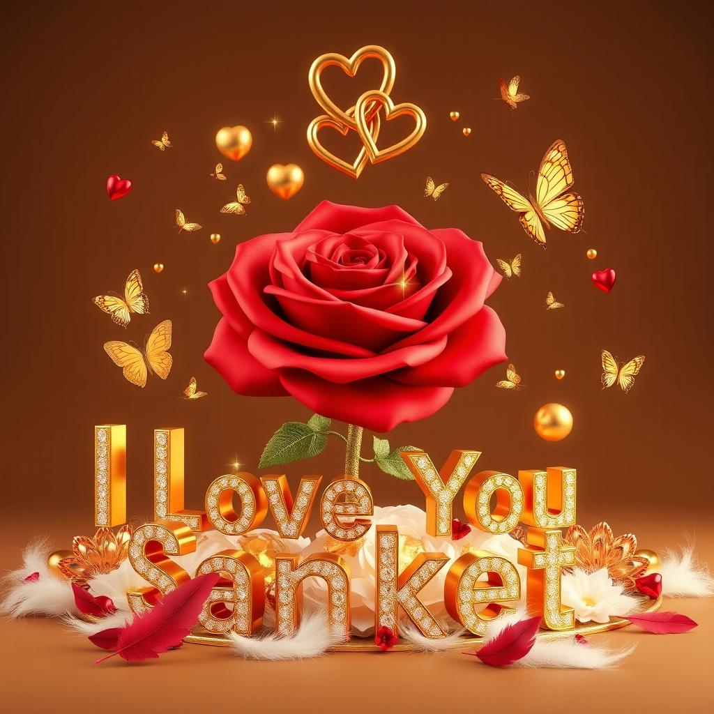 A luxurious 3D render of an opulent logo featuring a vibrant red rose adorned with sparkling diamonds and gemstones