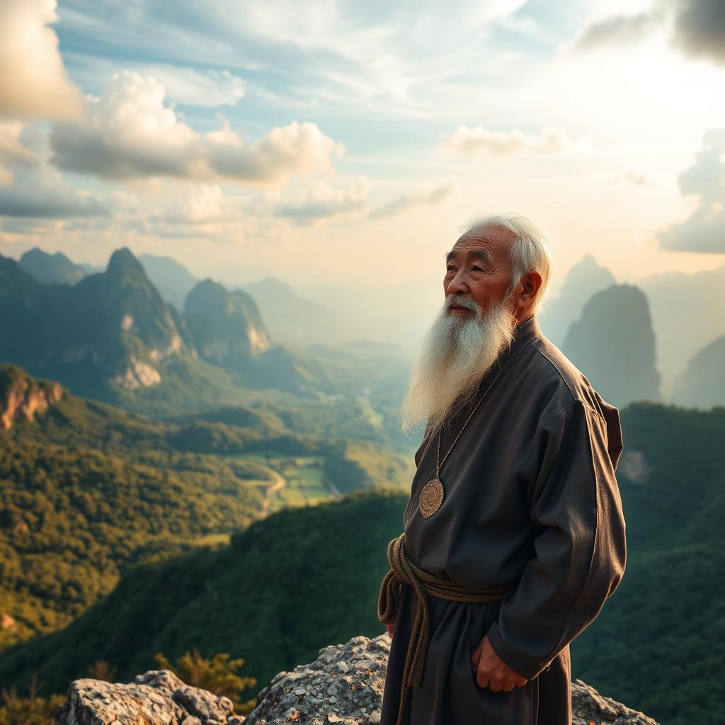 An elderly Vietnamese man with white hair and a flowing white beard stands proudly on a rocky mountain peak, his eyes gazing into the vast distance with a contemplative expression