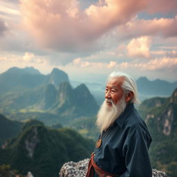 An elderly Vietnamese man with white hair and a flowing white beard stands proudly on a rocky mountain peak, his eyes gazing into the vast distance with a contemplative expression