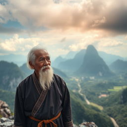 An elderly Vietnamese man with white hair and a flowing white beard stands proudly on a rocky mountain peak, his eyes gazing into the vast distance with a contemplative expression