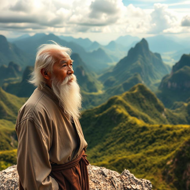 An elderly Vietnamese man with white hair and a flowing white beard stands proudly on a rocky mountain peak, his eyes gazing into the vast distance with a contemplative expression