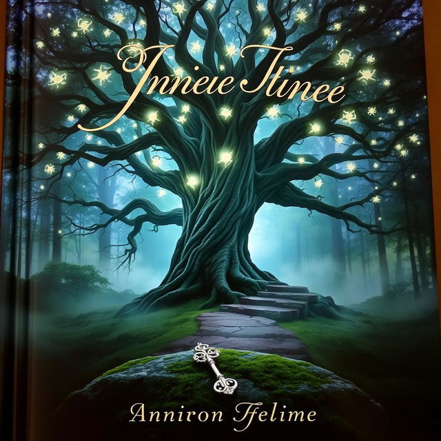 A captivating book cover featuring a mystical forest scene, with a towering ancient tree at the center, its branches adorned with glowing luminescent flowers