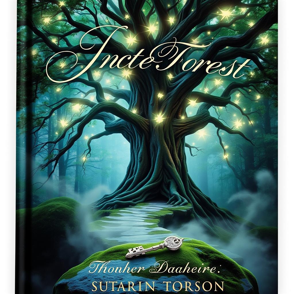 A captivating book cover featuring a mystical forest scene, with a towering ancient tree at the center, its branches adorned with glowing luminescent flowers