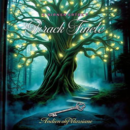 A captivating book cover featuring a mystical forest scene, with a towering ancient tree at the center, its branches adorned with glowing luminescent flowers