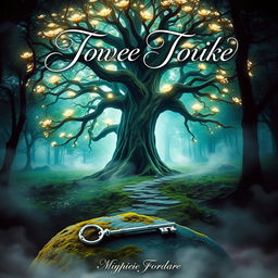 A captivating book cover featuring a mystical forest scene, with a towering ancient tree at the center, its branches adorned with glowing luminescent flowers