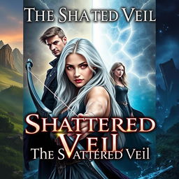 The cover of a fantasy book titled 'The Shattered Veil' featuring a bold foreground with Aria, a striking young woman with long white hair and vibrant red eyes, gripping a beautifully crafted bow