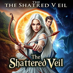 The cover of a fantasy book titled 'The Shattered Veil' featuring a bold foreground with Aria, a striking young woman with long white hair and vibrant red eyes, gripping a beautifully crafted bow
