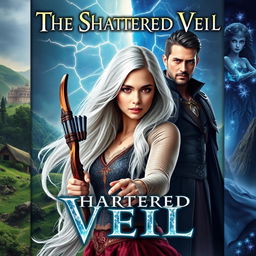 The cover of a fantasy book titled 'The Shattered Veil' featuring a bold foreground with Aria, a striking young woman with long white hair and vibrant red eyes, gripping a beautifully crafted bow