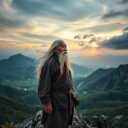 An elderly Vietnamese man with flowing white hair and a long white beard stands resolutely on a rugged mountain peak, his eyes focused on the distant horizon, filled with determination and wisdom
