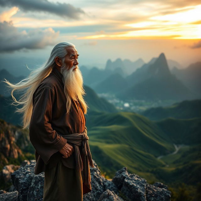 An elderly Vietnamese man with flowing white hair and a long white beard stands resolutely on a rugged mountain peak, his eyes focused on the distant horizon, filled with determination and wisdom