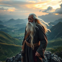 An elderly Vietnamese man with flowing white hair and a long white beard stands resolutely on a rugged mountain peak, his eyes focused on the distant horizon, filled with determination and wisdom