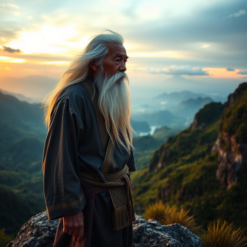 An elderly Vietnamese man with flowing white hair and a long white beard stands resolutely on a rugged mountain peak, his eyes focused on the distant horizon, filled with determination and wisdom