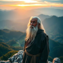 An elderly Vietnamese man with flowing white hair and a long white beard stands proudly on a rugged mountain peak, his eyes gazing thoughtfully into the vast distance