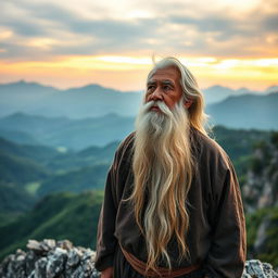 An elderly Vietnamese man with flowing white hair and a long white beard stands proudly on a rugged mountain peak, his eyes gazing thoughtfully into the vast distance