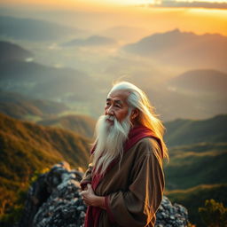 An elderly Vietnamese man with flowing white hair and a long white beard stands proudly on a rugged mountain peak, his eyes gazing thoughtfully into the vast distance