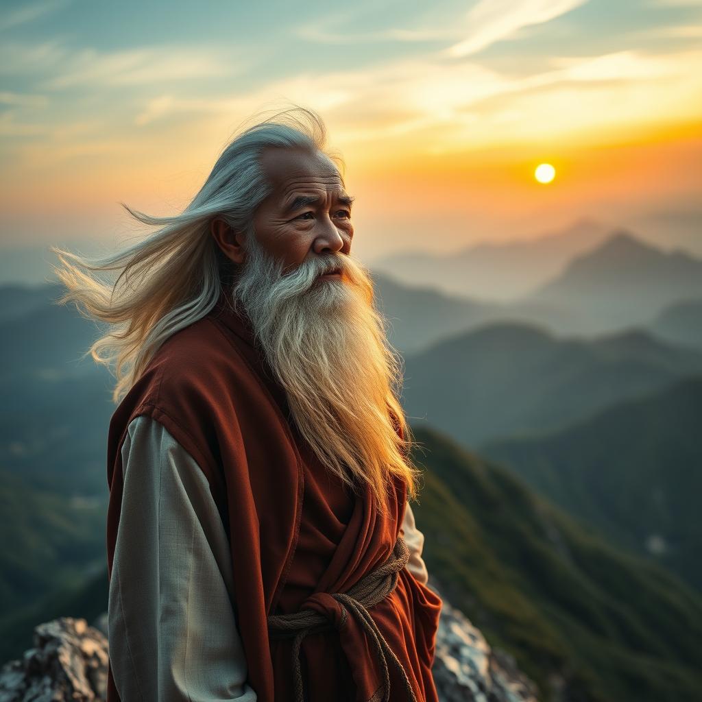 An elderly Vietnamese man with flowing white hair and a long white beard stands proudly on a rugged mountain peak, his eyes gazing thoughtfully into the vast distance