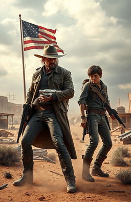 A dramatic scene from a sci-fi western novel, depicting a dusty, semi-post-apocalyptic American landscape