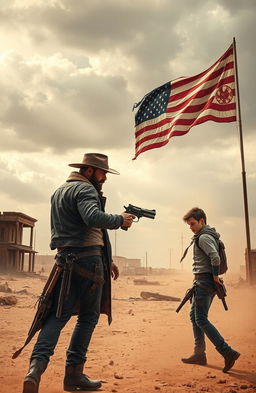 A dramatic scene from a sci-fi western novel, depicting a dusty, semi-post-apocalyptic American landscape