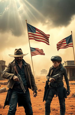 A dramatic scene from a sci-fi western novel, depicting a dusty, semi-post-apocalyptic American landscape