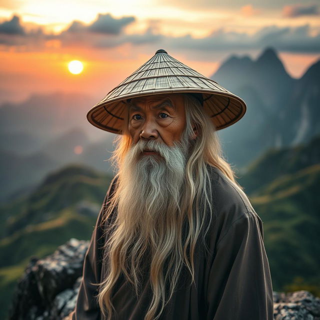 An elderly Vietnamese man, reminiscent of an immortal sage, wears a distinctive wide-brimmed conical hat