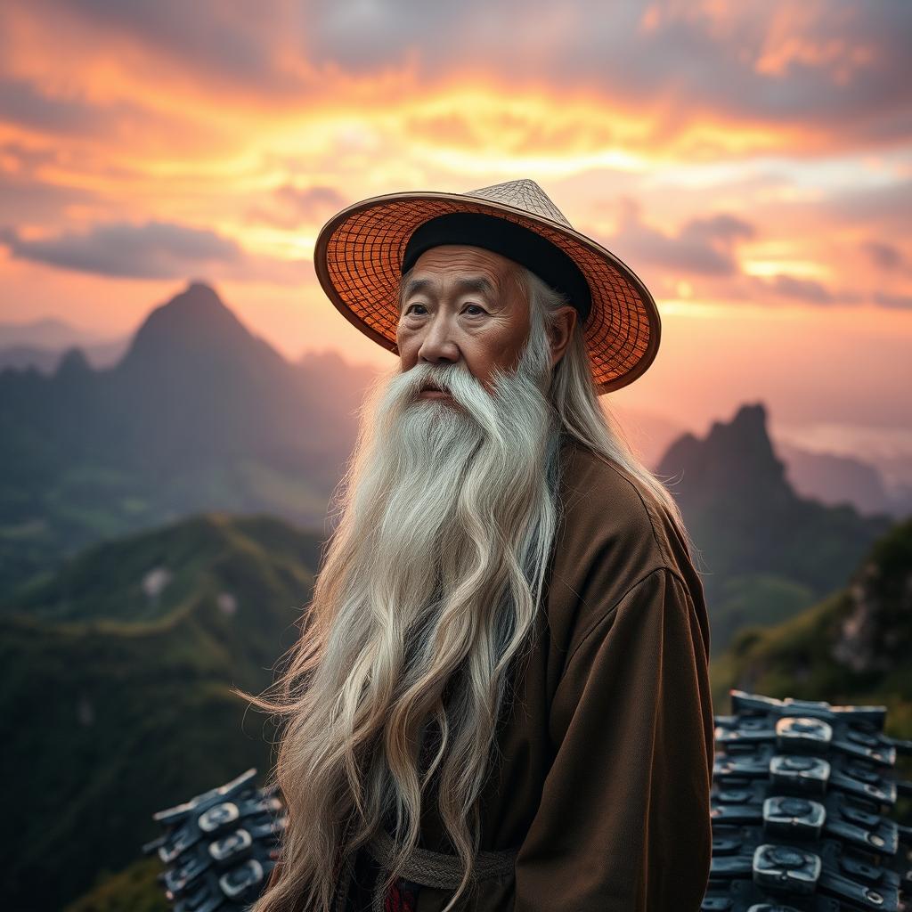 An elderly Vietnamese man, reminiscent of an immortal sage, wears a distinctive wide-brimmed conical hat