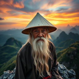 An elderly Vietnamese man, reminiscent of an immortal sage, wears a distinctive wide-brimmed conical hat