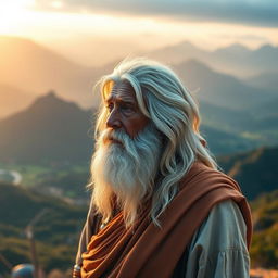 An elderly Indian man with enchanting white hair and a flowing white beard, resembling a fairy-tale figure, stands majestically on a serene mountain top