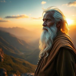 An elderly Indian man with enchanting white hair and a flowing white beard, resembling a fairy-tale figure, stands majestically on a serene mountain top