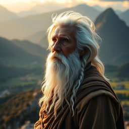 An elderly Indian man with enchanting white hair and a flowing white beard, resembling a fairy-tale figure, stands majestically on a serene mountain top