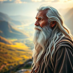 An elderly Indian man with enchanting white hair and a flowing white beard, resembling a fairy-tale figure, stands majestically on a serene mountain top