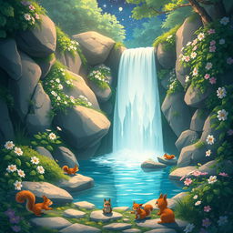 A stunning 4K anime nature wallpaper inspired by Studio Ghibli, featuring a hidden waterfall cascading down rocks, surrounded by lush greenery and delicate flowers blooming in vibrant colors