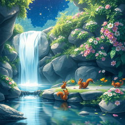 A stunning 4K anime nature wallpaper inspired by Studio Ghibli, featuring a hidden waterfall cascading down rocks, surrounded by lush greenery and delicate flowers blooming in vibrant colors