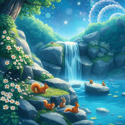 A stunning 4K anime nature wallpaper inspired by Studio Ghibli, featuring a hidden waterfall cascading down rocks, surrounded by lush greenery and delicate flowers blooming in vibrant colors