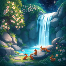 A stunning 4K anime nature wallpaper inspired by Studio Ghibli, featuring a hidden waterfall cascading down rocks, surrounded by lush greenery and delicate flowers blooming in vibrant colors