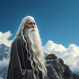 An old monk with long white hair and a flowing beard, resembling an immortal sage, stands majestically on a mountain peak