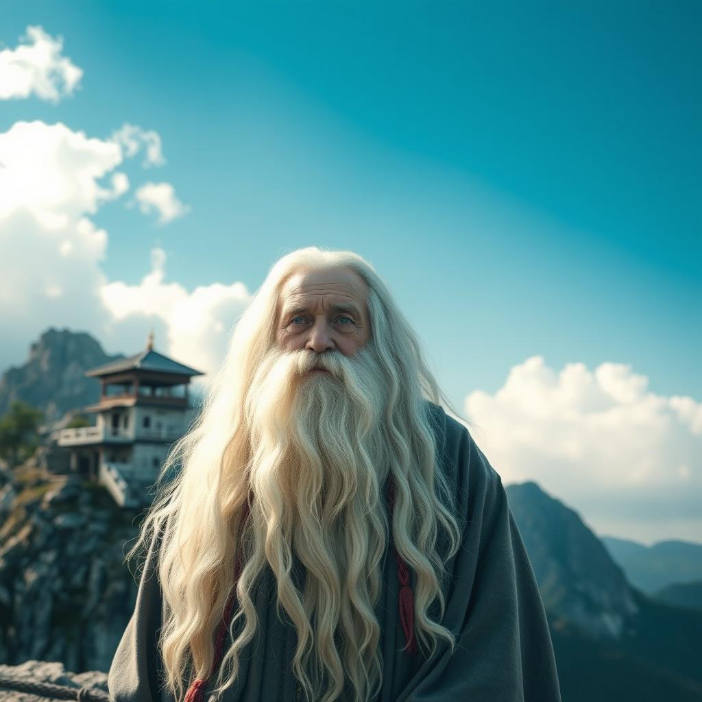 An old monk with long white hair and a flowing beard, resembling an immortal sage, stands majestically on a mountain peak