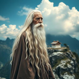 An old monk with long white hair and a flowing beard, resembling an immortal sage, stands majestically on a mountain peak