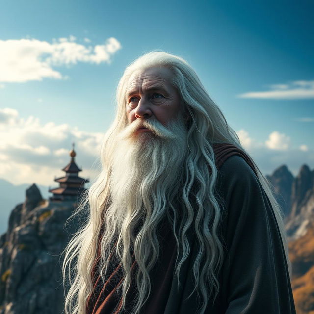 An old monk with long white hair and a flowing beard, resembling an immortal sage, stands majestically on a mountain peak