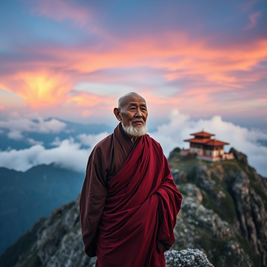 An old monk standing serenely on a mountain peak, with a traditional temple visible nearby nestled among the rugged terrain