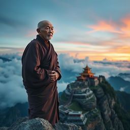An old monk standing serenely on a mountain peak, with a traditional temple visible nearby nestled among the rugged terrain