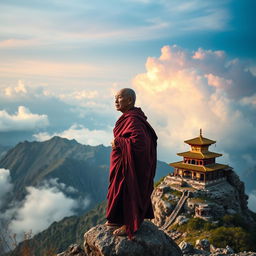An old monk standing serenely on a mountain peak, with a traditional temple visible nearby nestled among the rugged terrain