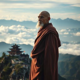 An old monk standing with serenity on a mountain peak, accompanied by a traditional temple visible in the backdrop