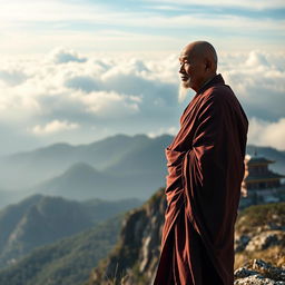 An old monk standing with serenity on a mountain peak, accompanied by a traditional temple visible in the backdrop