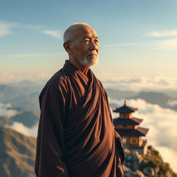 An old monk standing with serenity on a mountain peak, accompanied by a traditional temple visible in the backdrop