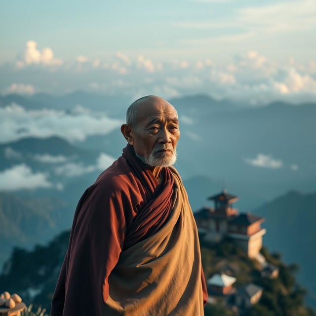 An old monk standing with serenity on a mountain peak, accompanied by a traditional temple visible in the backdrop