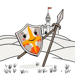 A cute and childish illustration of a medieval knight's shield and lance, designed in a whimsical and playful style