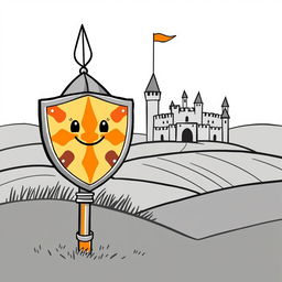 A cute and childish illustration of a medieval knight's shield and lance, designed in a whimsical and playful style